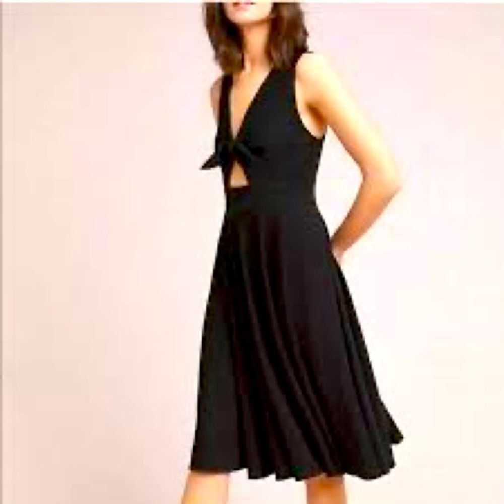 Anthropologie Hutch Ribbed Fit and Flare Black Front Bow Midi Dress with Pockets